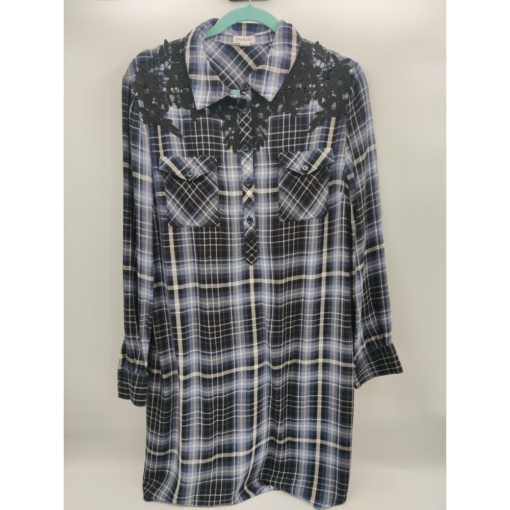 Westport Women Plaid Shirt Dress Black Blue White Lace Yoke Long Sleeve Size 14‎